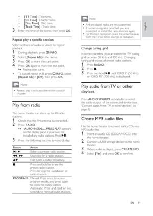 Page 1311
Note
  • 
AM and digital radio are not suppor ted.
  • 
 
If no stereo signal is detected, you are 
prompted to install the radio stations again.
  • 
 
For the best reception, place the antenna away 
from the T V or other sources of radiation.
Change tuning grid
   
In some countries, you can switch the FM tuning 
grid between 50 kHz and 100 kHz. Changing 
tuning grid erases all preset radio stations.
1 Press  RADIO 
.
2 Press   
.
3  Press and hold   
 until ‘GRID 9’ (50 kHz) 
or ‘GRID 10’ (100 kHz)...
