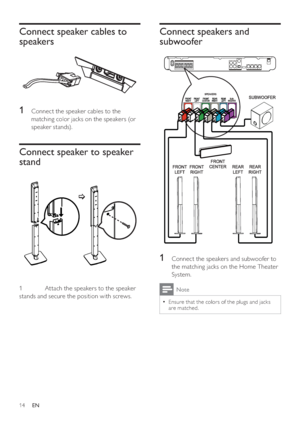 Page 1414
   
 
 
 
 
 
 
Connect speakers and 
subwoofer
   
 
 
 
 
 
 
 
 
1  Connect the speakers and subwoofer to 
the matching jacks on the Home Theater 
System.
  Note
 
Ensure that the colors of the plugs and jacks   •
are matched.
Connect speaker cables to 
speakers
   
 
  
 
 
 
 
1  Connect the speaker cables to the 
matching color jacks on the speakers (or 
speaker stands).
   
 
 
 
 
 
 
Connect speaker to speaker 
stand
    
 
 
1  Attach the speakers to the speaker 
stands and secure the...