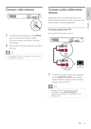 Page 1515
Connect audio cables/other 
devices
   
Route the audio from other devices to this 
Home Theater System to enjoy audio play with 
multi-channel surround capabilities.
Connect audio from TV
   
(also used for EasyLink control)
1  Connect the audio cables (not supplied) 
to the  AUDIO IN-AUX1 
 jacks on the 
Home Theater System and the AUDIO 
output jacks on the T V. 
Note
  To listen to the audio output from this   •
connection, press  AUDIO SOURCE 
 
repeatedly until ‘AUX1’ is displayed on the...
