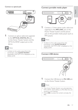 Page 1717
Connect portable media player
1  Connect a 3. 5mm stereo audio cable (not 
supplied) to the  MP3 LINK 
 jack on this 
Home Theater System and the phone 
jack on the por table media player (such as 
MP3 player).
Note
  To listen to the audio output from this   •
connection, press  AUDIO SOURCE 
 
repeatedly until ‘MP3 LINK’ is displayed on the 
display panel. 
Connect USB device
1  Connect the USB device to     
 
 
 USB 
 jack 
on this Home Theater System.
Note
  This Home Theater System can only...