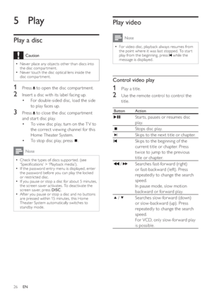 Page 2626
Play video
Note
  For video disc, playback always resumes from   •
the point where it was last stopped. To star t 
play from the beginning, press  
   while the 
message is displayed.
Control video play
1  Play a title.
2  Use the remote control to control the 
title. 
Button  Action
 
  
Star ts, pauses or resumes disc 
play.
   
 
Stops disc play.
   
 
Skips to the nex t title or chapter.
   
 
Skips to the beginning of the 
current title or chapter. Press 
twice to jump to the previous 
title or...