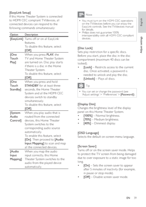 Page 3939
Note
  You must turn on the HDMI CEC operations   •
on the T V/devices before you can enjoy the 
EasyLink controls. See the T V/devices manual 
for details.
   
Philips does not guarantee 10 0% 
  •
interoperability with all HDMI CEC compliant 
devices.
   
 
 
 
[Disc Lock] 
   
Sets play restriction for a speci c discs. 
Before you star t, place the disc in the disc 
compar tment (maximum 40 discs can be 
locked).
   
 
 
  • [Lock] 
 – Restricts access to the current 
disc. Once activated, a...