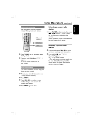 Page 37English
37
Automatic presetting
Use automatic presetting to store or
reinstall all the preset radio stations.
1\fM  / MW
START ..2
1Press TUNER  on the remote to select
“ \fM ” or  “MW ”.
2Press and hold  PROG until START  ...
appears.
➜ All the former presets will be
overwritten.
Manual presetting
Use manual presetting to store only your
favourite radio stations.
1Tune to your desired radio station (see
“ Tuning to radio stations ”).
2Press  PROG .
3Press S / T  to select a preset
number that you want...