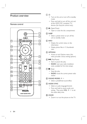 Page 88     EN
Product overview
Remote control
20
21
22
23 19 1817 13
14
15
16
12
11
8
1
2
3
4
5
6
7
9
10
a 2
Turn on this unit or turn off to standby 
mode.
Press and hold to turn off this unit and 
all the HDMI CEC compliant TV/
devices (for EasyLink control only).
b Z (Open/Close)
Open or close the disc compartment.
c SLEEP
Select a preset timer to turn off this 
unit to standby mode.
d INFO
Display the current status or disc 
information.
Display photo ﬁ les in 12 thumbnails 
view.
e  OPTIONS
Access or...