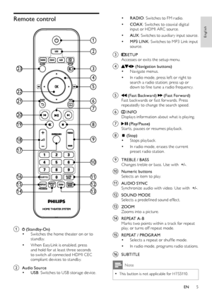 Page 75
• RADIO: Switches to FM radio.
• COA X: Switches to coaxial digital 
input or HDMI ARC source.
• AUX : Switches to auxiliar y input source.
• MP3 LINK : Switches to MP3 Link input 
source.
c SETUPAccesses or exits the setup menu.
d  (Navigation buttons) Navigate menus.• 
In radio mode, press lef t or right to • search a radio station; press up or 
down to fine tune a radio frequency. 
e  (Fast Backward)  (Fast Forward) Fast back wards or fast for wards. Press 
repeatedly to change the search speed.
f...