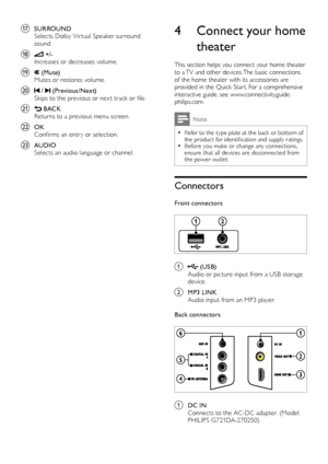 Page 86
4 Connect your home 
theater
This section helps you connect your home theater 
to a TV and other devices. The basic connections 
of the home theater with its accessories are 
provided in the Quick Star t. For a comprehensive 
interactive guide, see www.connectivityguide.
philips.com. 
Note
Refer to the type plate at the back or bottom of  •the product for identification and supply ratings.
Before you make or change any connections,  •ensure that all devices are disconnected from 
the power outlet....