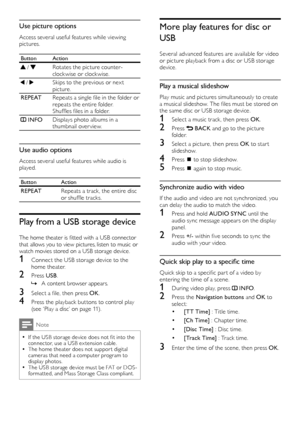 Page 1412
More play features for disc or 
USB
Several advanced features are available for video 
or picture playback from a disc or USB storage 
device.
Play a musical slideshow
Play music and pictures simultaneously to create 
a musical slideshow. The files must be stored on 
the same disc or USB storage device.
1 Select a music track, then press OK .
2 Press  BACK and go to the picture 
f o l d e r.
3  Select a picture, then press OK  to star t 
slideshow.
4  Press  to stop slideshow.
5 Press  again to stop...