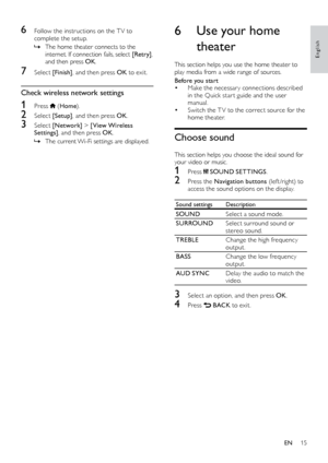 Page 1515
English
6 Use your home 
theater
This section helps you use the home theater to 
play media from a wide range of sources.
Before you start
• Make the necessar y connections described 
in the Quick star t guide and the user 
manual.
• Switch the T V to the correct source for the 
home theater.
Choose sound
This section helps you choose the ideal sound for 
your video or music.
1 Press  SOUND SETTINGS .
2 Press the Navigation buttons  (lef t /right) to 
access the sound options on the display. 
Sound...