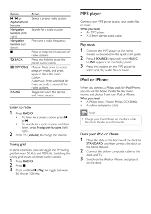 Page 2222
MP3 player
Connect your MP3 player to play your audio files 
or music.
What you need
• An MP3 player.• A 3. 5mm stereo audio cable.
Play music
1 Connect the MP3 player to the home 
theater as described in the quick star t guide. 
2 Press  SOURCE  repeatedly until MUSIC 
I-LINK  appears on the display panel.
3 Press the but tons on the MP3 player to 
select and play audio files or music.
iPod or iPhone
When you connect a Philips dock for iPod/iPhone, 
you can use the home theater to play music, 
movies...