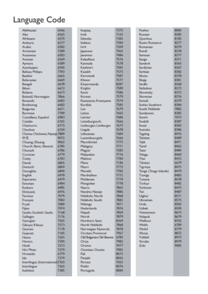 Page 26Abkhazian   6566
Afar        6565
Afrikaans       6570
Amharic       6577
Arabic       6582
Armenian   7289
Assamese   6583
Avestan       6569
Aymara       6589
Azerhaijani   6590
Bahasa Melayu    7783
Bashkir       6665
Belarusian   6669
Bengali       6678
Bihari       6672
Bislama       6673
Bokmål, Norwegian    7866
Bosanski      6683
Brezhoneg   6682
Bulgarian   6671
Burmese       7789
Castellano, Español  6983
Catalán   6765
Chamorro   6772
Chechen   6769
Chewa; Chichewa; Nyanja 7889
       9072...