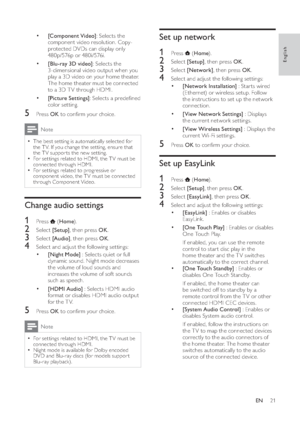 Page 2321
Set up network1 Press  
   ( Home 
).
2 Select  [Setup] 
, then press  OK 
.3 Select  [Network] 
, then press  OK 
.4  Select and adjust the following set tings:• 
 
 
 
 
 
[Network Installation] 
 : Star ts wired 
(Ethernet) or wireless setup. Follow 
the instructions to set up the network 
connection.
• 
   
 
 
 
[ View Network Settings] 
 : Displays 
the current network set tings.
• 
   
 
 
 
[ View Wireless Settings] 
 : Displays the 
current Wi-Fi set tings.
5 Press  OK 
 to con rm your...