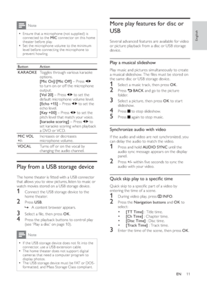 Page 1311
   
 
 
 
 
More play features for disc or 
USB
   
 
Several advanced features are available for video 
or picture playback from a disc or USB storage 
device.
   
 
 
 
Play a musical slideshow
 
 
Play music and pictures simultaneously to create 
a musical slideshow. The  les must be stored on 
the same disc or USB storage device.
   
 
 
1  Select a music track, then press  OK 
.
 
 
 
 
2 Press   
 
 BACK 
 and go to the picture 
folder.
   
 
 
3  Select a picture, then press  OK 
 to star t...