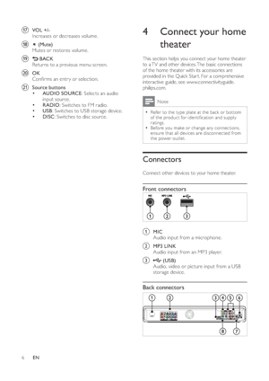 Page 86
   
 
 
 
 
 
 
 
 
 
4  Connect your home 
theater
   
This section helps you connect your home theater 
to a TV and other devices. The basic connections 
of the home theater with its accessories are 
provided in the Quick Star t. For a comprehensive 
interactive guide, see www.connectivityguide.
philips.com. 
  Note
  • 
Refer to the type plate at the back or bot tom 
of the product for identi cation and supply 
ratings.
  • 
 
Before you make or change any connections, 
ensure that all devices are...