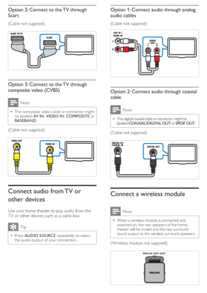 Page 108
   
 
 
 
Option 1: Connect audio through analog 
audio cables
   
(Cable not supplied)
 
 
 
 
 
 
 
 
Option 2: Connect audio through coaxial 
cable
  Note
 
The digital coaxial cable or connector might be   •
labeled  COAXIAL/DIGITAL OUT 
 or   
 
SPDIF OUT 
 
. 
 
 
(Cable not supplied)
 
 
 
 
 
 
 
 
 
Connect a wireless module
 
Note
 
When a wireless module is connected and   •
switched on, the rear speakers of the home 
theater will be muted and the rear surround 
sound output to the wireless...