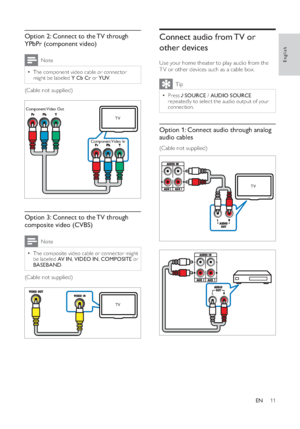Page 1311
Connect audio from TV or 
other devicesUse your home theater to play audio from the 
T V or other devices such as a cable box. 
Tip
•Press  
 SOURCE /AUDIO SOURCE
repeatedly to select the audio output of your 
connection.
Option 1: Connect audio through analog 
audio cables(Cable not supplied)
21
TV
21
Option 2: Connect to the TV through 
YPbPr (component video)
Note
•The component video cable or connector 
might be labeled  Y Cb Cr or  YUV.
(Cable not supplied)Option 3: Connect to the TV through...