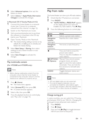 Page 2119
Play from radioThe home theater can store up to 40 radio stations.1  Check that the FM antenna is connected.2 Press  RADIO.
»“AUTO INSTALL...PRESS PLAY’ appears 
on the display panel if you have not 
installed any radio stations. Press  
 ( Play).
3  Press the following but tons to control play:Button  Action /
Selects a preset radio station.
Navigation 
buttons
(left/right)Searches for a radio station.
Navigation 
buttons
(u p /d ow n)Fine tunes a radio frequency.Press and hold to erase the 
preset...