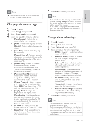 Page 2523
5 Press  OK to conﬁ rm your choice. 
Note
•If your preferred disc language is not available, 
you can select  [Other] from the list and enter 
the 4-digit language code which can be found 
at the back of this manual. •If you select a language that is not available 
on a disc, the home theater uses the default 
language of the disc.
Change advanced settings1 Press  
 ( Home).
2 Select  [Setup], then press  OK.3 Select  [Advanced], then press  OK.4  Select and adjust the following set tings:•
[BD-Live...