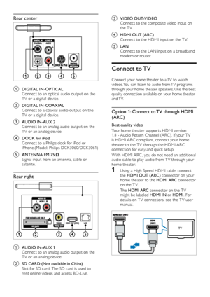 Page 1414
c VIDEO OUT-VIDEOConnect to the composite video input on t h e T V.
d HDMI OUT (ARC)Connect to the HDMI input on the T V. 
e LANConnect to the L AN input on a broadband modem or router.
Connect  to TV
Connect your home theater to a TV to watch videos. You can listen to audio from TV programs through your home theater speakers. Use the best quality connection available on your home theater and TV.
Option 1: Connect to TV through HDMI 
(ARC)
Best quality video
Your home theater suppor ts HDMI version...