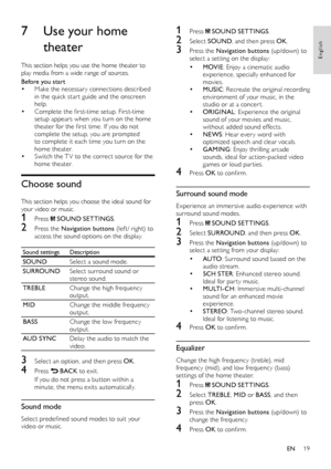 Page 1919
English
1 Press  SOUND SETTINGS.
2 Select SOUND, and then press OK.
3 Press the Navigation buttons (up/down) to select a set ting on the display:
• MOVIE: Enjoy a cinematic audio experience, specially enhanced for movies.• MUSIC: Recreate the original recording environment of your music, in the studio or at a concer t.• ORIGINAL: Experience the original sound of your movies and music, without added sound effects.• NEWS: Hear ever y word with optimized speech and clear vocals.• GAMING: Enjoy thrilling...