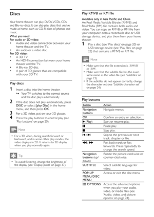 Page 2020
Play RMVB or RM file
Available only in Asia Pacific and ChinaAn Real Media Variable Bitrate (RMVB) and RealMedia (RM) file contains both audio and video. You can copy an RMVB or RM file from your computer onto a recordable disc or USB storage device, and play them from your home theater.
1 Play a disc (see ‘Play discs’ on page 20) or USB storage device (see ‘Play files’ on page 23) that contains a RMVB or RM file.
Note
 •Make sure that the file ex tension is ‘.RMVB’ or ‘.RM’. •Make sure that the...