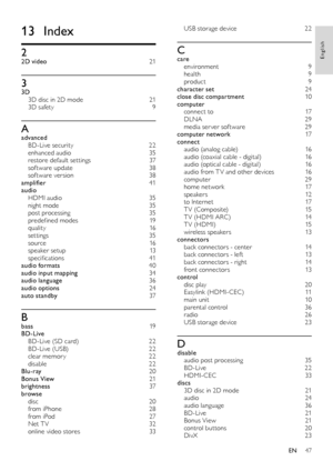 Page 4747
English
USB storage device 22
Ccare environment 9health 9product  9character set  24close disc compartment 10computer connect to  17DLNA 29media ser ver sof tware 29computer network 17connect audio (analog cable)  16audio (coaxial cable - digital) 16audio (optical cable - digital) 16audio from T V and other devices 16computer 29home network  17speakers 12to Internet  17T V (Composite) 15T V (HDMI ARC) 14T V (HDMI) 15wireless speakers  13connectors back connectors - center  14back connectors - lef t...