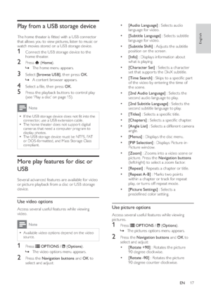 Page 1917
•
[Audio Language] : Selects audio 
language for video.
•
[Subtitle Language] : Selects subtitle 
language for video.
•
[Subtitle Shift] : Adjusts the subtitle 
position on the screen.
•
[Info] : Displays information about 
what is playing.
•
[Character Set] : Selects a character 
set that suppor ts the DivX subtitle.
•
[Time Search] : Skips to a speciﬁ c par t 
of the video by entering the time of 
the scene.
•
[2nd Audio Language] : Selects the 
second audio language to play.
•
[2nd Subtitle...