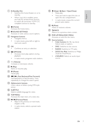 Page 97
o
 ( Stop ) /
 ( Eject  / Open/Close )
•
Stops play.
•
Press and hold to eject the disc or 
open the disc compar tment.
•
In radio mode, erases the current 
preset radio station.
p
 ( Mute )
Mutes or restores volume.
q
 BACK 
Returns to a previous menu screen.
r
POP-UP MENU/DISC MENU 
Accesses or exits the disc menu. 
s
Source buttons •
Color buttons (for Blu-ray discs): 
Selects tasks or options.
•
DISC: Switches to disc source.
•
RADIO: Switches to FM radio.
•
DOCK for iPod: Switches to Philips 
Dock...