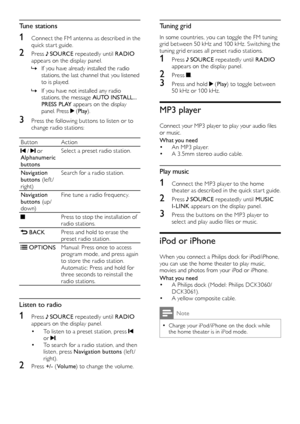 Page 2626
Tuning grid
In some countries, you can toggle the FM tuning 
grid between 50 kHz and 100 kHz. Switching the 
tuning grid erases all preset radio stations.
1 Press  SOURCE repeatedly until RADIO 
appears on the display panel.
2 Press .
3 Press and hold  (Play ) to toggle between 
50 kHz or 100 kHz.
MP3 player
Connect your MP3 player to play your audio files 
or music.
What you need
• An MP3 player.• A 3. 5mm stereo audio cable.
Play music
1 Connect the MP3 player to the home theater as described in the...