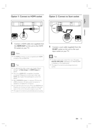 Page 13English
EN     13
Connect
Option 1: Connect to HDMI socket 
HDMI INHDMI OUT
1 Connect a HDMI cable (not supplied) from 
the HDMI OUT on this unit to the HDMI 
IN socket on your TV.
 Note
The HDMI connec tor is only compatible with HDMI 
compliant T Vs and DVI-T Vs.•
   Tips
To optimise the video output, see chapter ‘Adjust 
set tings’ > [ Video Setup ] > [ HDMI Setup ] for 
details. 
This unit is HDMI CEC compatible.  It enables 
connec ted T V/device to control each other over 
HDMI, see chapter ‘Ac...