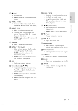 Page 9English
EN     9
Yo u r  p r o d u c t
h x (Stop)
Stop disc play.
RADIO: erase the current preset radio 
station.
i  TREBLE / BASS
Switch to treble or bass mode. Then 
press VOL +- to set its level setting. 
j AUDIO SYNC 
Select an audio language/channel. 
Press and hold to access audio sync 
setting.  Then press VOL +- to set 
the audio delay time.
RADIO: toggle between FM stereo and 
mono mode. 
k SOUND
Select a predeﬁ ned sound effect.
l REPEAT / PROGRAM
Select various repeat or shufﬂ e modes; 
turns...