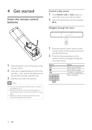 Page 1818
   
 
 
 
Control a play source
 
 
 
 
1 Press   
 
RADIO 
,  USB 
 or  DISC 
 button to 
select the source you wish to control.
   
 
 
2  Select the desired function (for example  
 
,   
). 
 
 
 
 
 
 
 
Navigate through the menu
 
 
  
 
 
 
 
1  Point the remote control directly at the 
remote sensor on the product and select 
the desired function.
   
 
 
2  Press the following buttons on the 
remote control to navigate through the 
on-screen menus.
  Button  Action
 
  
  
Move up or down...