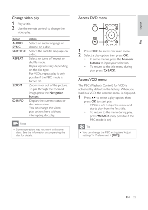 Page 2525
   
 
 
 
Access DVD menu
 
 
  
 
 
 
 
1 Press  DISC 
 to access disc main menu.
 
 
 
 
2  Select a play option, then press  OK 
.
   
 
 
In some menus, press the   • Numeric 
buttons 
 to input your selection.
   
 
 
To return to the title menu during  • 
play, press  
   
 BACK 
.
 
 
 
 
 
 
 
 
 
Access VCD  menu
 
 
The PBC (Playback Control) for VCD is 
activated by default in the factor y. When you 
load in a VCD, the contents menu is displayed. 
   
 
 
1 Press   
  
 to select a play...