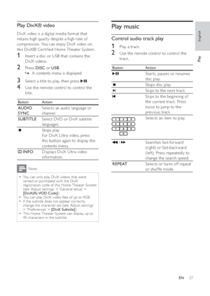 Page 2727
   
 
 
 
 
Play music
 
 
 
 
Control audio track play
 
 
 
 
1  Play a track.
 
 
 
 
2  Use the remote control to control the 
track. 
  Button   Action
 
  
Star ts, pauses or resumes 
disc play.
   
 
Stops disc play.
   
 
Skips to the nex t track.
   
 
Skips to the beginning of 
the current track. Press 
twice to jump to the 
previous track.
   
 
Selects an item to play.
   
 
 /   
Searches fast-forward 
(right) or fast-back ward 
(lef t). Press repeatedly to 
change the search speed....