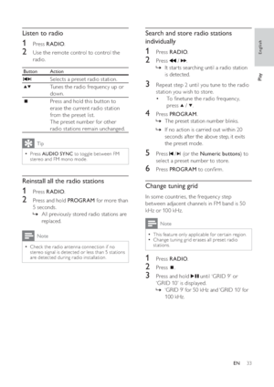 Page 3333
   
 
 
 
Search and store radio stations 
individually
   
 
 
1 Press  RADIO 
.
 
 
 
 
2 Press   
 /   
.
   
 
 
It star ts searching until a radio station    »
is detected.
   
 
 
 
 
3  Repeat step 2 until you tune to the radio 
station you wish to store.
   
 
 
To  netune the radio frequency,  • 
press  
   /   
.
 
 
 
 
 
 
4 Press  PROGRAM 
.
   
 
 
The preset station number blinks.   »
   
 
 
If no action is carried out within 20    »
seconds after the above step, it exits 
the preset...