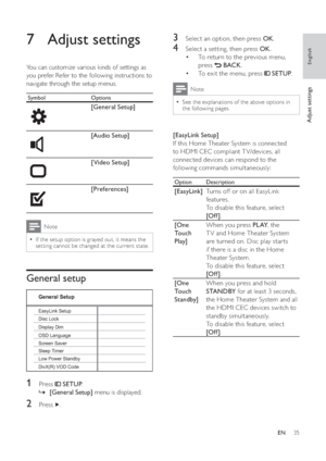 Page 3535
   
 
 
3  Select an option, then press  OK 
.
 
 
 
 
4  Select a setting, then press  OK 
.
   
 
 
To return to the previous menu,  • 
press  
   
 BACK 
.
   
 
 
To exit the menu, press   • 
 
 
 SETUP 
.
 
Note
 
See the explanations of the above options in   •
the following pages.
 
 
 
 
  
 
 
 
 
 
[EasyLink Setup] 
   
If this Home Theater System is connected 
to HDMI CEC compliant T V/devices, all 
connected devices can respond to the 
following commands simultaneously:
  Option...