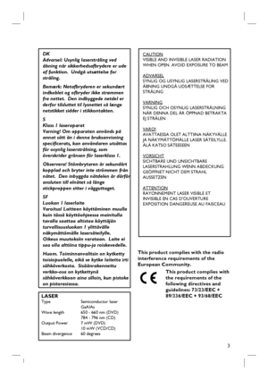 Page 33
English
LASERType          Semiconductor laser    
           GaAIAs
Wave length     650 - 660 nm (DVD)
           784 - 796 nm (CD)
Output Power   7 mW (DVD)
           10 mW (VCD/CD)
Beam divergence   60 degrees 
This product complies with the radio 
interference requirements of the 
European Community.
This product complies with 
the requirements of the 
following directives and 
guidelines: 73/23/EEC + 
89/336/EEC + 93/68/EEC
DK
Advarsel: Usynlig laserstråling ved 
åbning når sikkerhedsafbrydere er...