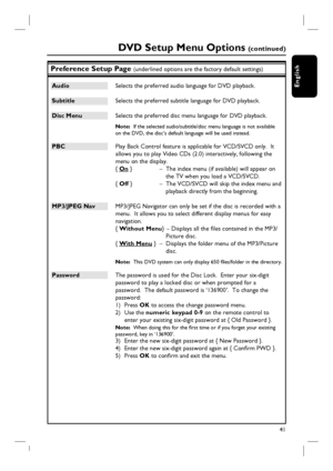 Page 4141
English
Preference Setup Page (underlined options are the factory default settings)
Audio  Selects the preferred audio language for DVD playback.  
Subtitle  Selects the preferred subtitle language for DVD playback.
Disc Menu  Selects the preferred disc menu language for DVD playback.
Note:  If the selected audio/subtitle/disc menu language is not available 
on the DVD, the disc’s default language will be used instead.
PBC  Play Back Control feature is applicable for VCD/SVCD only.  It 
allows you to...