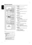 Page 1010
English
Remote Control
2
3
4
5
6
7
8
9
10
11
12
1
a  2 
–  Turns off to Eco Power standby mode.
b Source buttons
– DISC/USB: switches to DISC or USB 
mode.
 TUNER: toggles between FM and MW 
band.
 TV: switches to TV mode. The sound 
from the TV will output through the 
connected speaker system.
 AUX/DI: toggles between AUX and 
DIGITAL IN external source mode.
c ZOOM
–  Enlarges a picture on the TV.
d AUDIO
–  Selects an audio language (DVD) or an
  audio channel (CD).
e  SETUP
–  Enters or exits the...