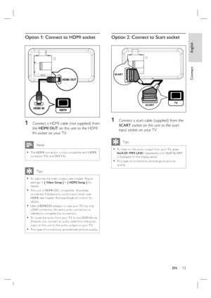 Page 13English
EN     13
Connect
Option 1: Connect to HDMI socket 
HDMI INHDMI OUT
1 Connect a HDMI cable (not supplied) from 
the HDMI OUT on this unit to the HDMI 
IN socket on your TV.
 Note
The HDMI connec tor is only compatible with HDMI 
compliant T Vs and DVI-T Vs.•
   Tips
To optimise the video output, see chapter ‘Adjust 
set tings’ > [ Video Setup ] > [ HDMI Setup ] for 
details. 
This unit is HDMI CEC compatible.  It enables 
connec ted T V/device to control each other over 
HDMI, see chapter ‘Ac...