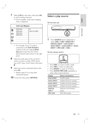 Page 25English
EN     25
Get started
7 Select [ OK ] in the menu, then press OK 
to start scanning of devices.
 
Once complete, audio input mapping 
menu is displayed.
 
    AUX3 InputAUX2 Input
Digital Input AUX1 Input
 
Audio Input Mapping
TV
Other (non-HDMI)
For example, if your TV audio is 
connected to the AUX IN-AUX 1 
sockets on this unit, select [ AUX1 
Input ] and map onto the correct 
device (brand name) shown in the right 
panel.
8 Select the audio input of this unit that is 
used to connect to...