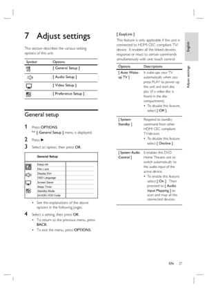 Page 37English
EN     37
Adjust settings
7 Adjust settings
This section describes the various setting 
options of this unit.  
Symbol Options
[ General Setup ]
 
[ Audio Setup ]
[ Video Setup ]
[ Preference Setup ]
General setup
1 
Press OPTIONS.

 [ General Setup ] menu is displayed.
2 Press B.
3 Select an option, then press OK.
General Setup
Screen Saver
DivX(R) VOD Code Sleep Timer Display DimDisc Lock
OSD Language EasyLink
Standby Mode
See the explanations of the above 
options in the following pages.
4...