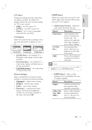 Page 41English
EN     41
Adjust settings
[ TV Type ]
Change this setting only if the video does 
not appear correctly.  By default, this 
setting matches the most common setting 
for TVs in your country.  
[ PAL ] – for PAL-system TV.
[ NTSC ] – for NTSC-system TV.
[ Multi ] – for TV that is compatible 
with both PAL and NTSC.
[ TV Display ]
Select the screen format according to how 
you want the picture to appear on your 
TV.  
4:3 Letter Box (LB) 4:3 Pan Scan (PS)
16:9 (Wide Screen)
[ 4:3 Pan Scan ] – for...