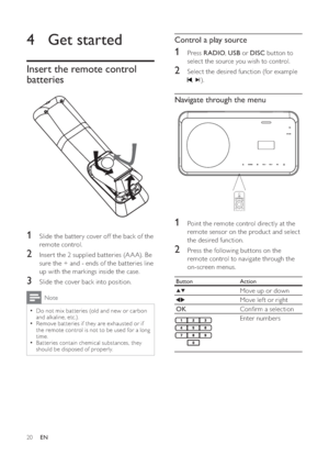 Page 2020
   
 
 
 
Control a play source
 
 
 
 
1 Press   
 
RADIO 
,  USB 
 or  DISC 
 button to 
select the source you wish to control.
   
 
 
2  Select the desired function (for example  
 
,   
). 
 
 
 
 
 
 
 
Navigate through the menu
 
 
  
 
 
 
 
1  Point the remote control directly at the 
remote sensor on the product and select 
the desired function.
   
 
 
2  Press the following buttons on the 
remote control to navigate through the 
on-screen menus.
  Button  Action
 
  
  
Move up or down...