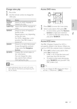Page 2727
   
 
 
 
Access DVD menu
 
 
  
 
 
 
 
1 Press  DISC 
 to access disc main menu.
 
 
 
 
2  Select a play option, then press  OK 
.
   
 
 
In some menus, press the   • Numeric 
buttons 
 to input your selection.
   
 
 
To return to the title menu during  • 
play, press  
   
 BACK 
.
 
 
 
 
 
 
 
 
 
Access VCD  menu
 
 
The PBC (Playback Control) for VCD is 
activated by default in the factor y. When you 
load in a VCD, the contents menu is displayed. 
   
 
 
1 Press   
  
 to select a play...