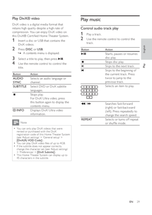 Page 2929
   
 
 
 
 
Play music
 
 
 
 
Control audio track play
 
 
 
 
1  Play a track.
 
 
 
 
2  Use the remote control to control the 
track. 
  Button   Action
 
  
Star ts, pauses or resumes 
disc play.
   
 
Stops disc play.
   
 
Skips to the nex t track.
   
 
Skips to the beginning of 
the current track. Press 
twice to jump to the 
previous track.
   
 
Selects an item to play.
   
 
 /   
Searches fast-forward 
(right) or fast-back ward 
(lef t). Press repeatedly to 
change the search speed....