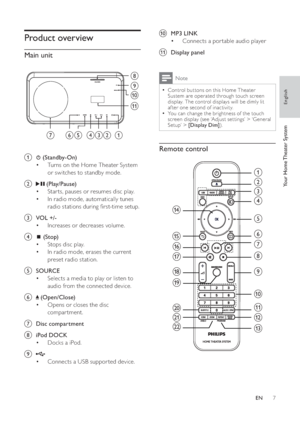 Page 77
   
 
 
 
 
j  MP3 LINK 
   
 
 
Connects a por table audio player • 
   
 
 
 
 
k  Display panel 
 
 
 
 
  
 
Note
 
Control but tons on this Home Theater   •
Sustem are operated through touch screen 
display. The control displays will be dimly lit 
af ter one second of inactivity.
   
You can change the brightness of the touch 
  •
screen display (see ‘Adjust set tings’ > ‘General 
Setup’ >  [Display Dim] 
).
 
 
 
 
 
Remote control
 
 
 
m o
p
q
r
s
t
u
vl a
b
c
d
e
f
g
h
i
j
k
n...