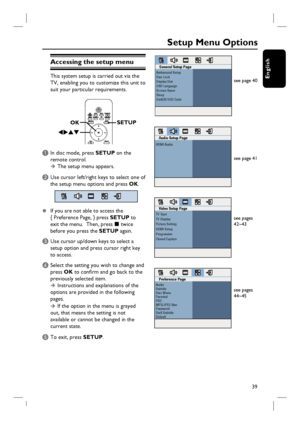 Page 3939
English
Audio Setup Page
HDMI Audio
General Setup PageAmbisound Setup
Disc Lock
Display Dim
OSD Language
Screen Saver
Sleep 
DivX(R) VOD Code
Video Setup PageTV Type
TV Display
Picture Setting
HDMI Setup
Progressive
Closed Caption
Setup Menu Options
Preference PageAudio
Subtitle
Disc Menu
Parental
PBC
MP3/JPEG Nav
Password
DivX Subtitle
Default
Accessing the setup menu
This system setup is carried out via the 
TV, enabling you to customize this unit to 
suit your particular requirements. 
SETUP
OK
A...