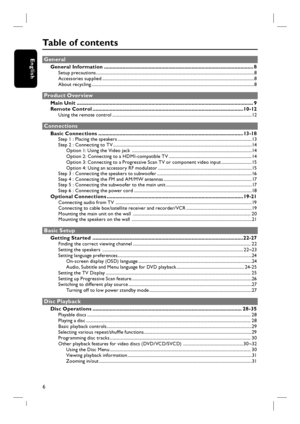 Page 66
English
Table of contents
 General
General Information ........................................................................................................ 8Setup precautions ................................................................................................................................................. 8
Accessories supplied ........................................................................................................................................... 8
About recycling...