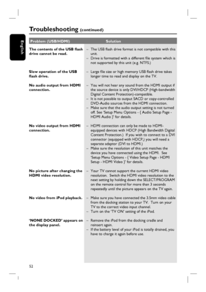 Page 5252
EnglishProblem (USB/HDMI)      Solution
Tr o u b l e s h o o t i n g  (c o n t i n u e d )
The contents of the USB fl ash 
drive cannot be read.
Slow operation of the USB 
fl ash drive.
No audio output from HDMI 
connection.
No video output from HDMI 
connection. 
No picture after changing the 
HDMI video resolution.
No video from iPod playback. 
‘NONE DOCKED’ appears on 
the display panel. –  The USB fl ash drive format is not compatible with this 
unit.
–  Drive is formatted with a different fi le...