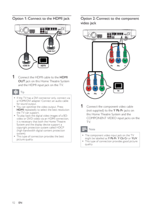 Page 1312
Option 2: Connect to the component 
video jack
1  Connect the component video cable 
(not supplied) to the  Y Pb Pr jacks on 
this Home Theatre System and the 
COMPONENT VIDEO input jacks on the 
TV.
Note
The component video input jack on the T V 
might be labelled as  Y Pb Pr,Y Cb Cr or  YUV.
This type of connection provides good picture 

quality.
PbPrY
PbPrY
Option 1: Connect to the HDMI jack
1  Connect the HDMI cable to the  HDMI 
OUT jack on this Home Theatre System 
and the HDMI input jack on...